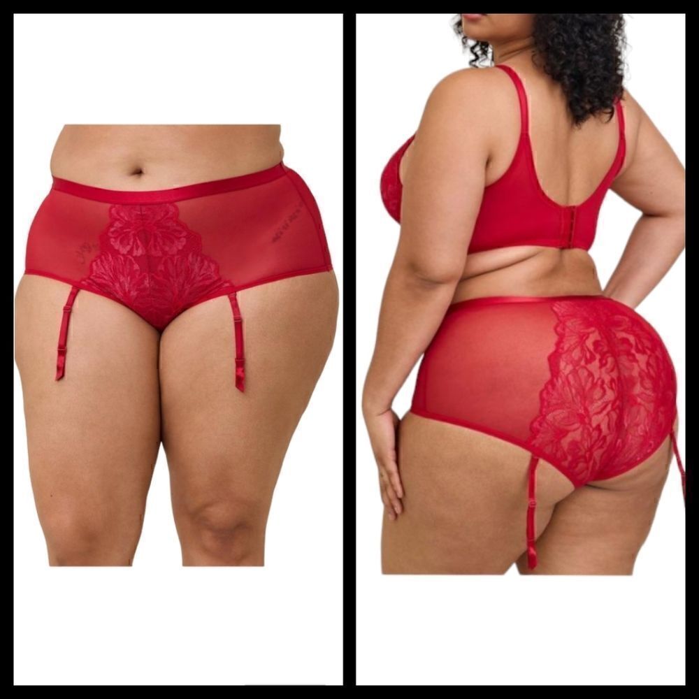 6X 30W Torrid Red Shimmer Lace  Mid Rise Brief Removeable Garter Panty Lingerie